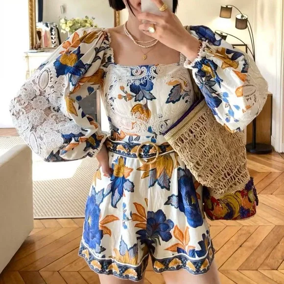 Farm Rio flowers lace jumpsuits summer flowers romper NWT - Picture 4 of 9